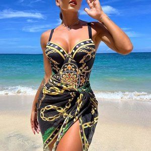 Multicolor Preppy Womens Chain Print Push Up One Piece Swimsuit With Beach Skirt